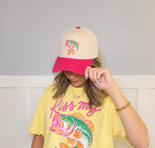 Kiss My Bass Hat - tan/hotpink