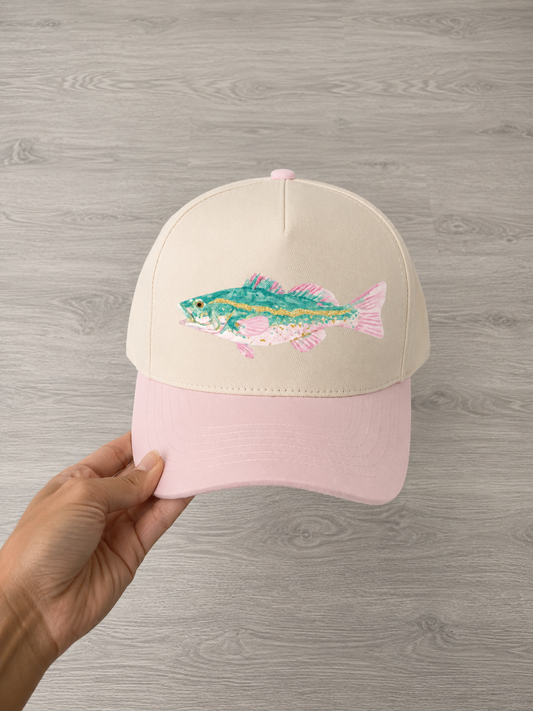 Pink Bass Hat - tan/green