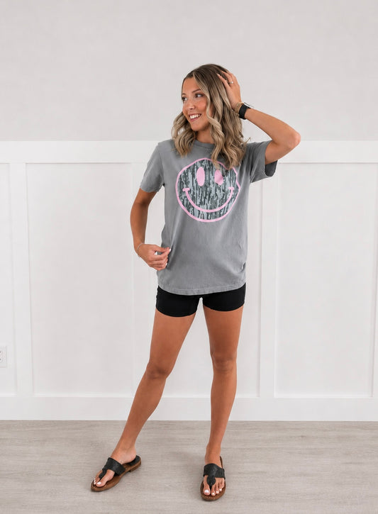 Camo Pink Smiley Graphic Tee -graphite