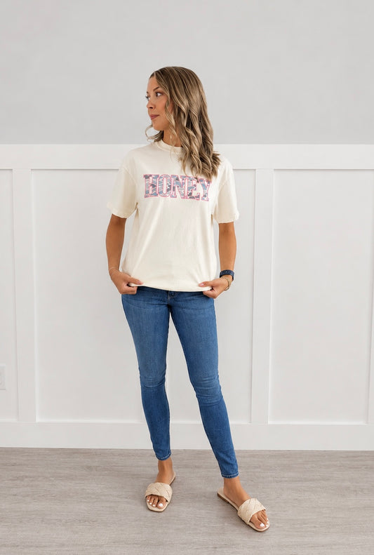 Camo Pink Honey Graphic Tee -ivory